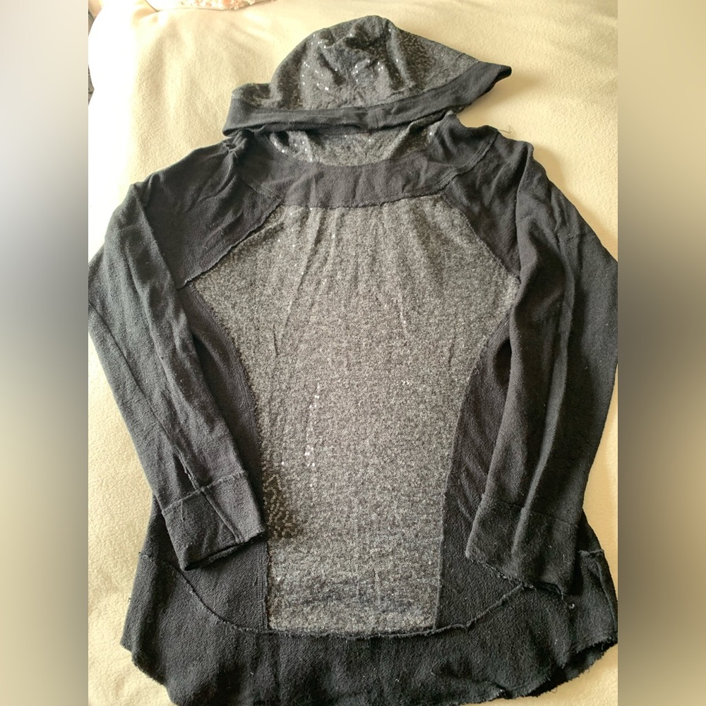 FREE PEOPLE Black Gray Knit Hooded Pullover Sweater Lightweight Women's L